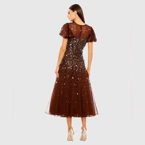 MAC DUGGAL 24018 Womens Brown  Flutter Sleeve Sheer Top Beaded Dress - Picture 5 of 14